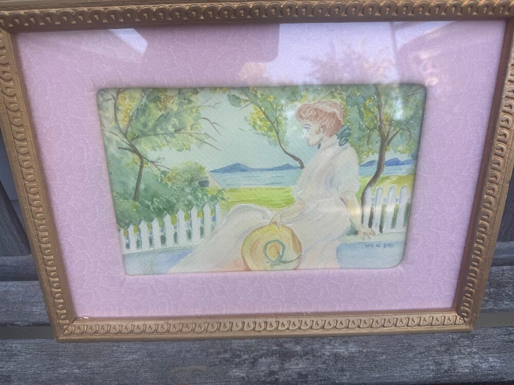 Signed VLU Original Watercolor Painting Serene Landscape Girl 8/90 15X11"